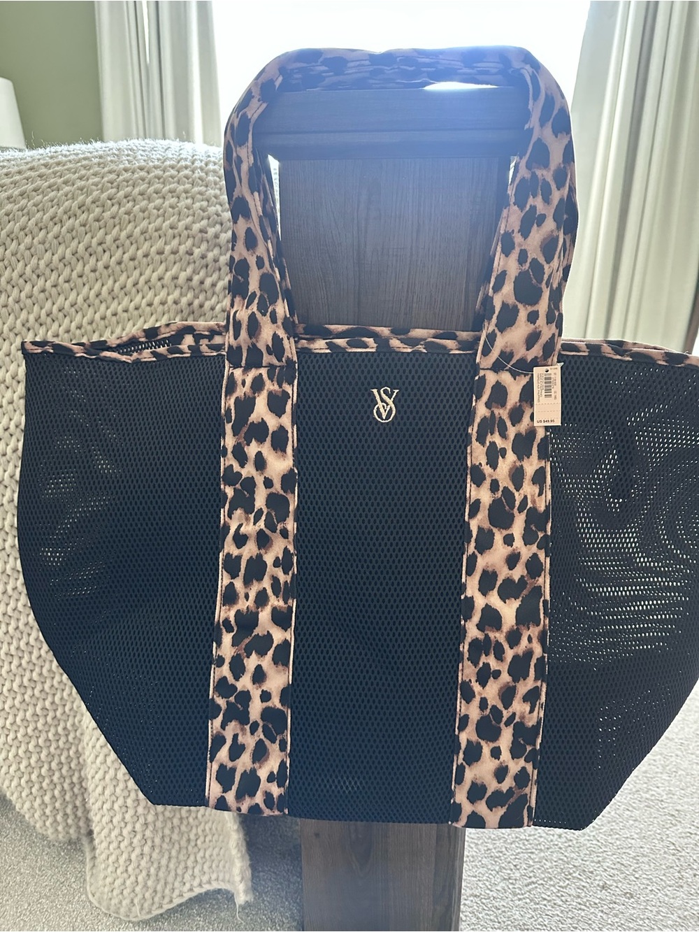 Victoria's Secret Black Mesh Tote with Leopard-Print Straps